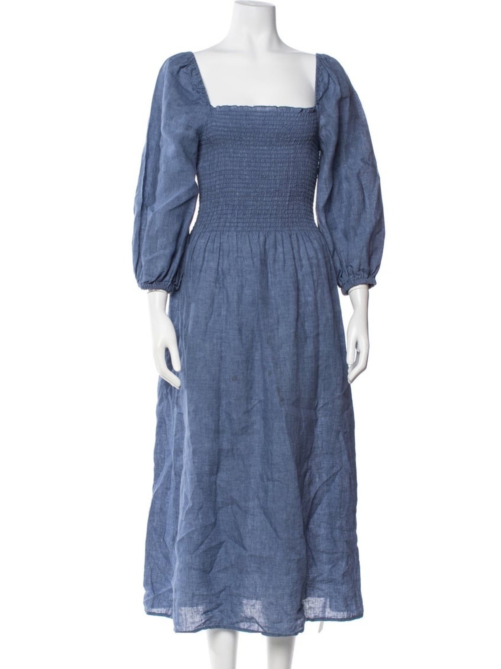 Ann Mashburn Blue Linen Smocked Puff Sleeve Midi Maxi Dress L